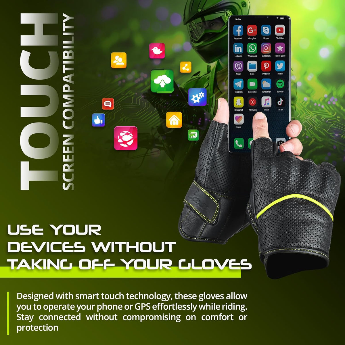 aasportx Motorcycle Gloves - Men's Leather Motorbike Gloves with Touchscreen Function - Non-Slip Pads for Men & Women