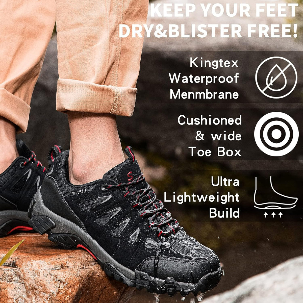 SHULOOK Men's Waterproof Hiking Shoes Lightweight Anti Slip Outdoor Ankle Boots Breathable Hike Trekking Trails Shoe