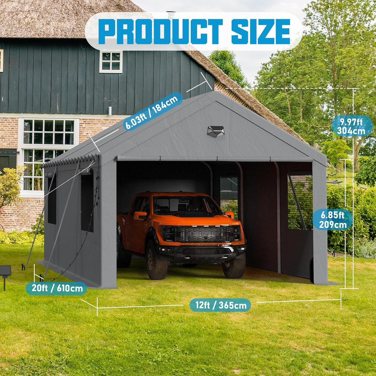 12x20 Carport Canopy, Heavy Duty Car Port, Portable Car Ports Garage with 2 Roll-Up Zipper Drive Through Doors, Grey