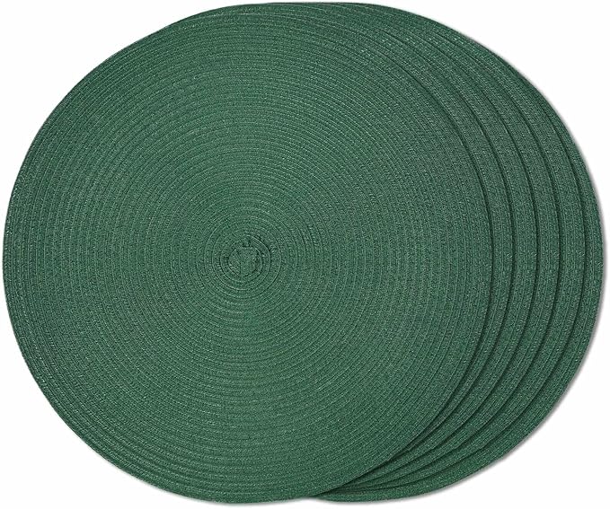 FunWheat Round Braided Placemats Set of 6 Place mats for Dining Tables Woven Heat Resistant Table Mats 15 inch (Dark Green)