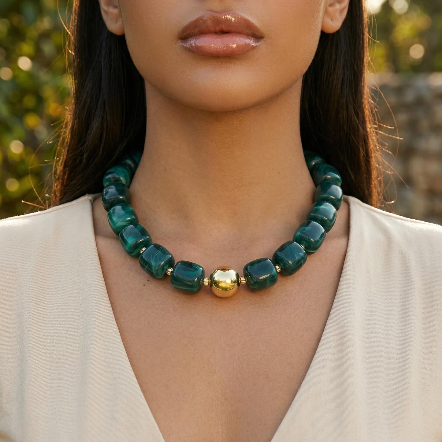BREPINE Ink Green Chunky Necklaces for Women Multicolored Large Square Resin Beads Necklace Trendy Bold Statement Beaded Summer Candy jelly Vacation Choker