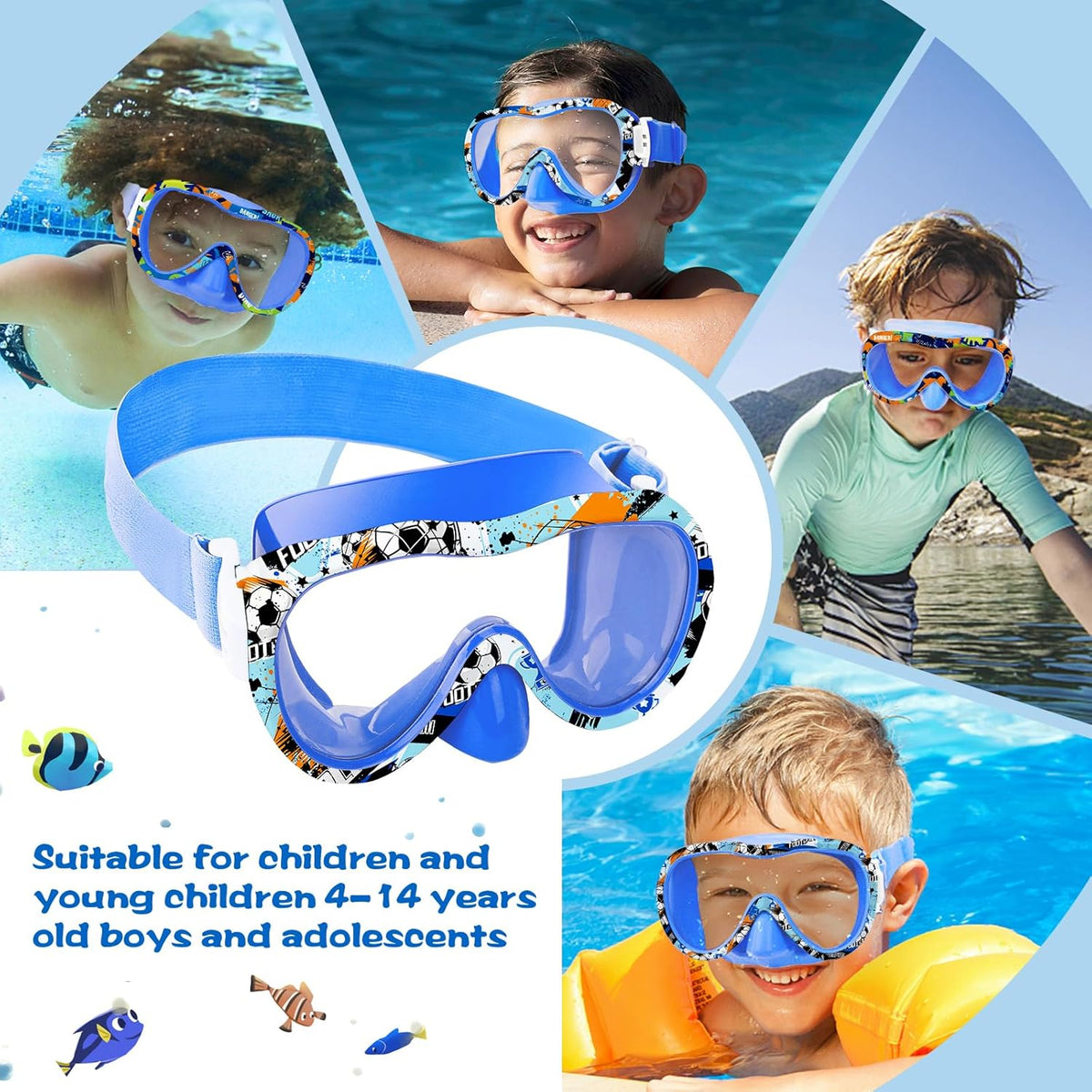 Kids Swim Goggles 180° Snorkel Diving Mask with Nose Cover, Anti-Fog Kids Swimming Goggles with Elastic Fabric Strap for Kids Boys Girls