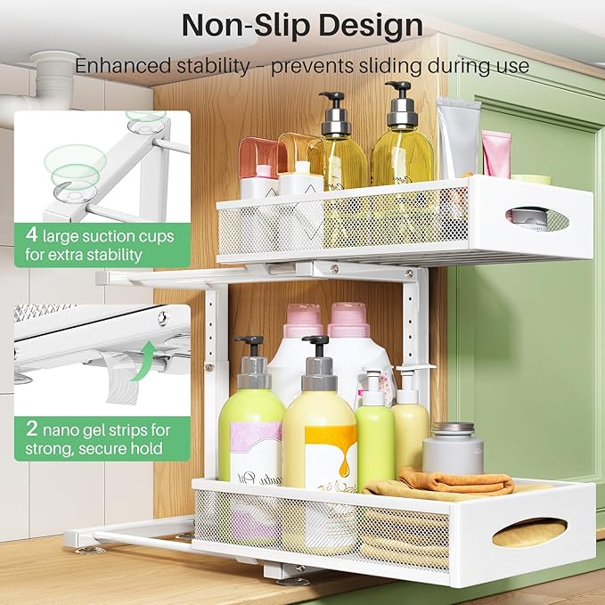 Under Sink Organizer, 2 Pack 2 Tier Pull out Cabinet Organizer Baskets with Mesh Sliding Drawers, Slide out Sink Storage Shelves for Kitchen, Bathroom, Pantry, Cabinet Organizers and Storage(White)
