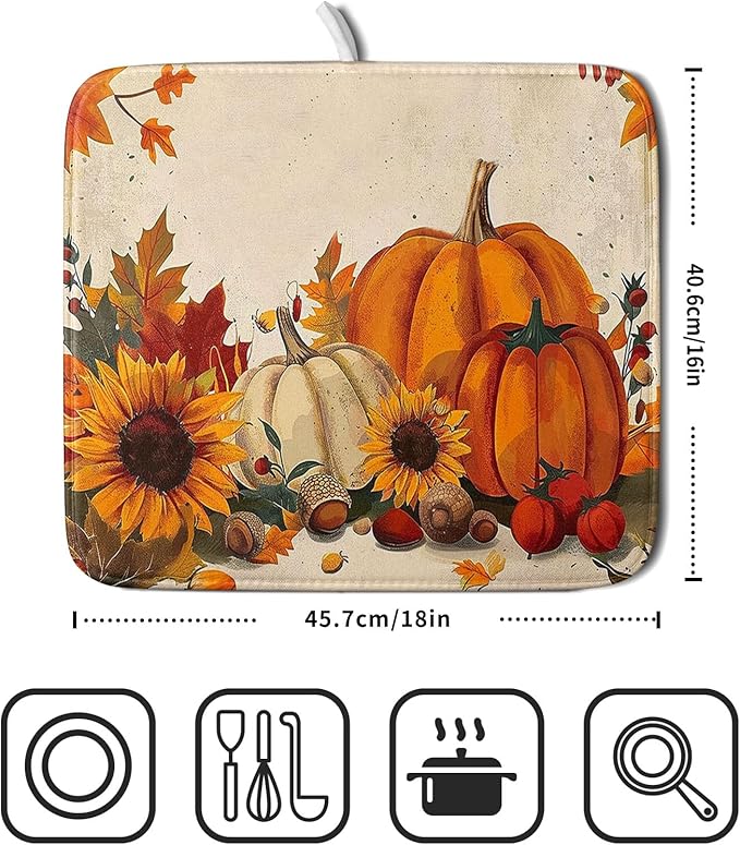 Happy Thanksgiving Day Harvest Dish Drying Mat for Kitchen Counter,Sunflower Maple Leaves Pumpkin Drying Mat 16 x 18 Inch with Absorbent Reversible Microfiber Dish Drying Pad for Coffee Bar