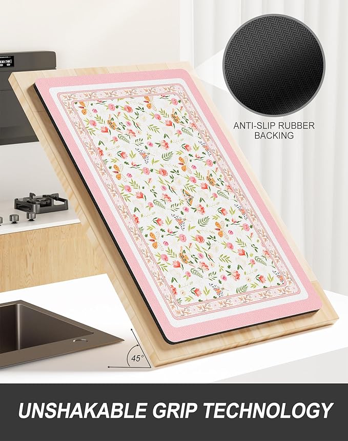 Rnivvi Dish Drying Mat for Kitchen Counter, XL 15 x 24" Cute Flower Theme Absorbent Draining Pad, Non-Slip Heat Resistant Coffee Bar Mats for Coffee Machine Station Accessories, Pink Dish Rack Pad