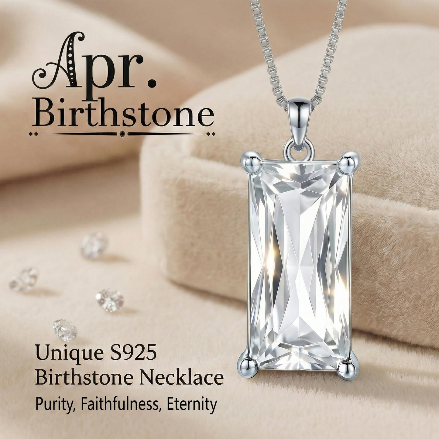 Kuschelkatze 8mm x 16mm Square April Birthstone Diamond Pendant Necklace – Fashion charming Sterling Silver Gift for women