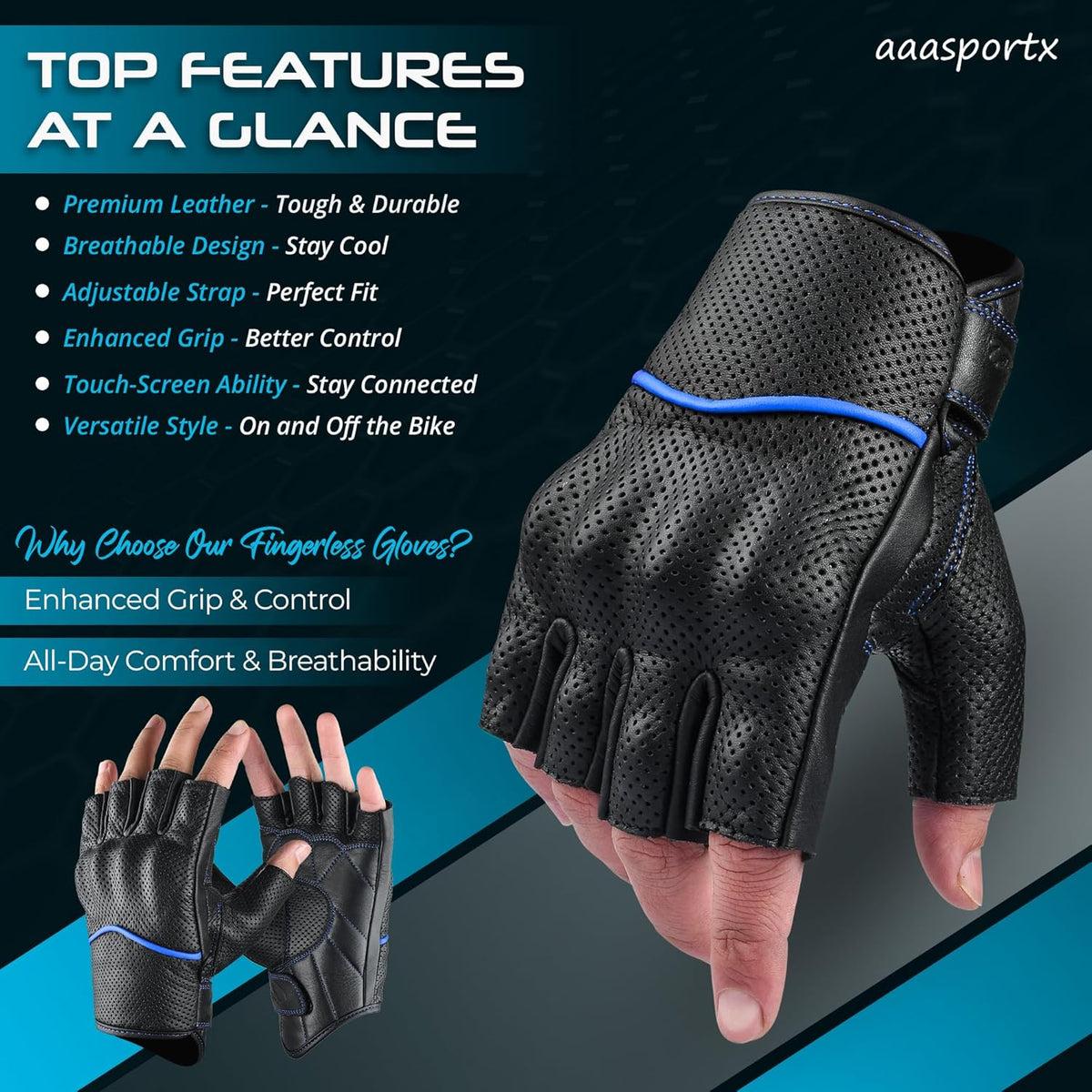 aasportx Motorcycle Gloves - Men's Leather Motorbike Gloves with Touchscreen Function - Non-Slip Pads for Men & Women