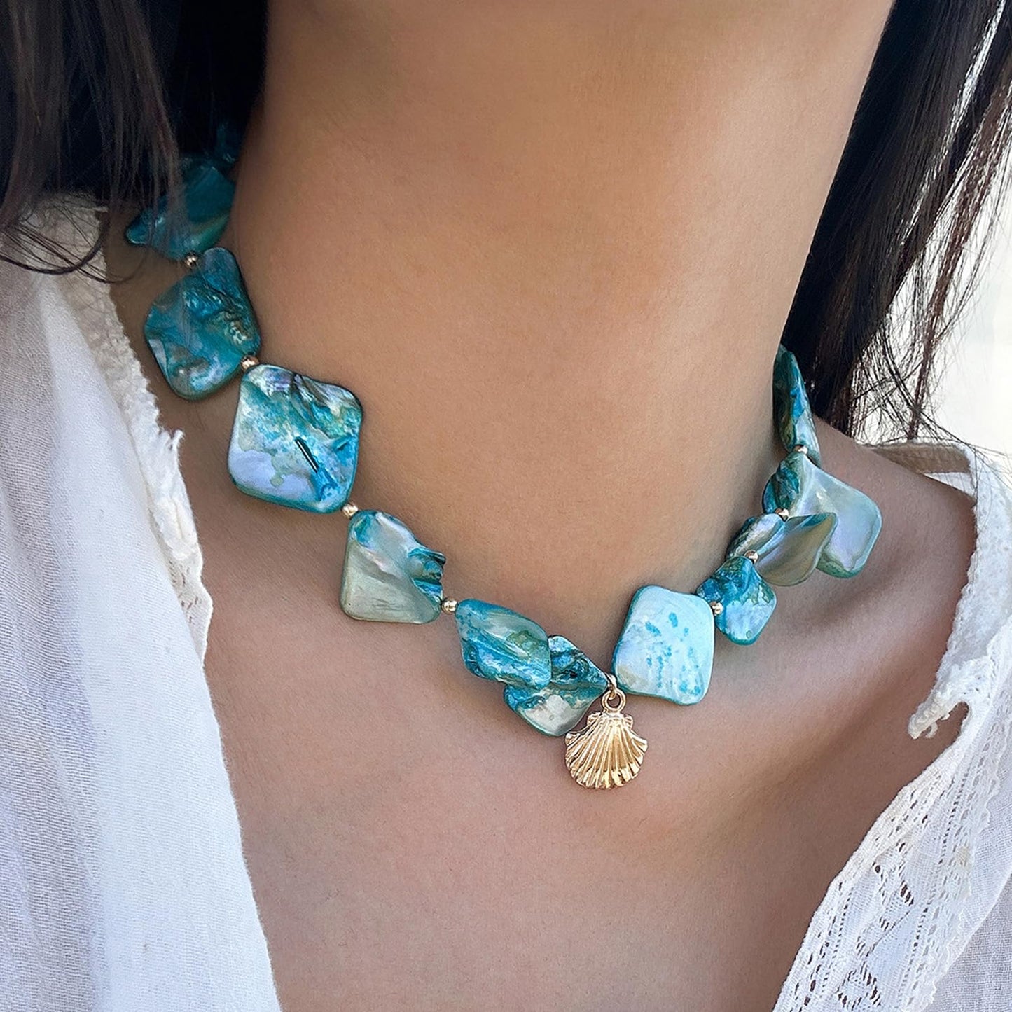 BYETOCE Metal Seashell Charm Necklace Blue Irregular Shell Pendant Necklace Boho Starfish Ocean Beaded Choker Summer Beach Fashion Statement Jewelry for Women Outfits Accessories