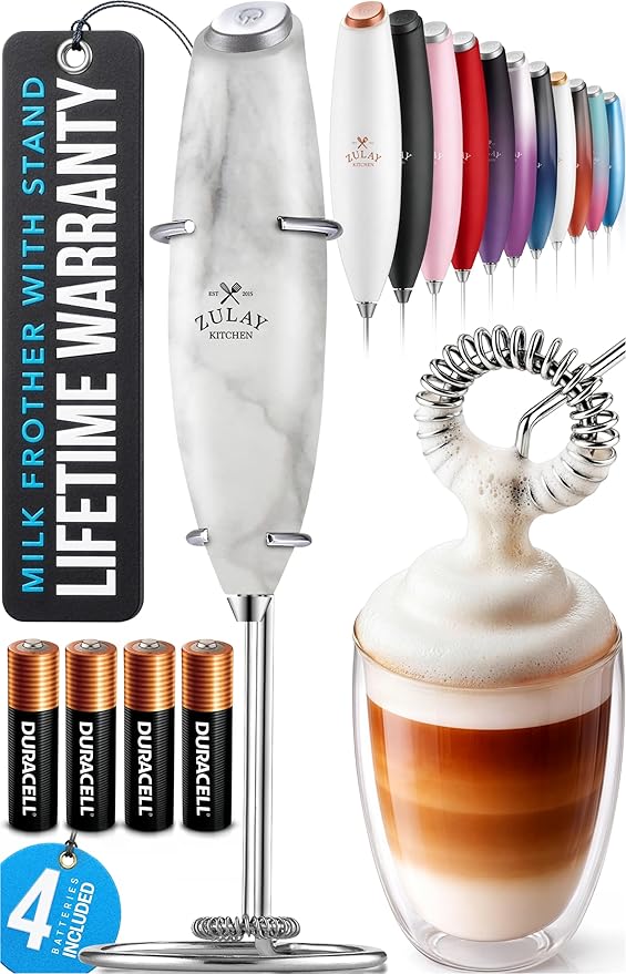 Zulay Kitchen Powerful Milk Frother Wand With 4 AA Duracell Batteries - Ultra Fast Handheld Drink Mixer - Electric Whisk Foam Maker for Coffee, Lattes, Cappuccino, Matcha & Creamer - Marble