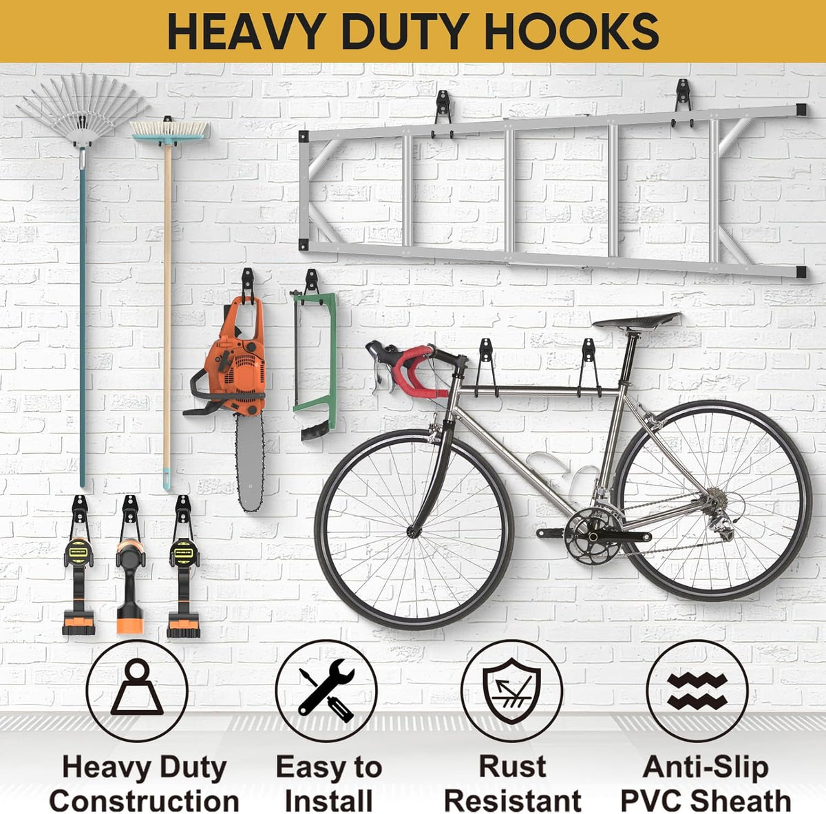 TICONN 2 Pack Heavy Duty Garage Hooks, Steel Utility Wall Storage Hooks, Wall Mount Hanger Organizer for Ladders, Bikes, Tools, Bulky Items (Small, Orange Circular)