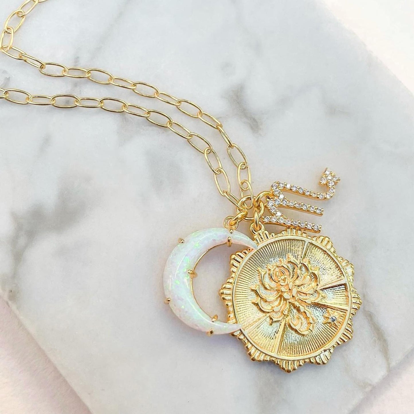 Lanadale Dainty Gold Scorpio Zodiac Coin Opal Crescent Moon Charm Necklace for Women Trendy 18K Gold Plated Retro Paperclip Chain 12 Constellation Horoscope Necklaces Astrology Jewelry Gifts