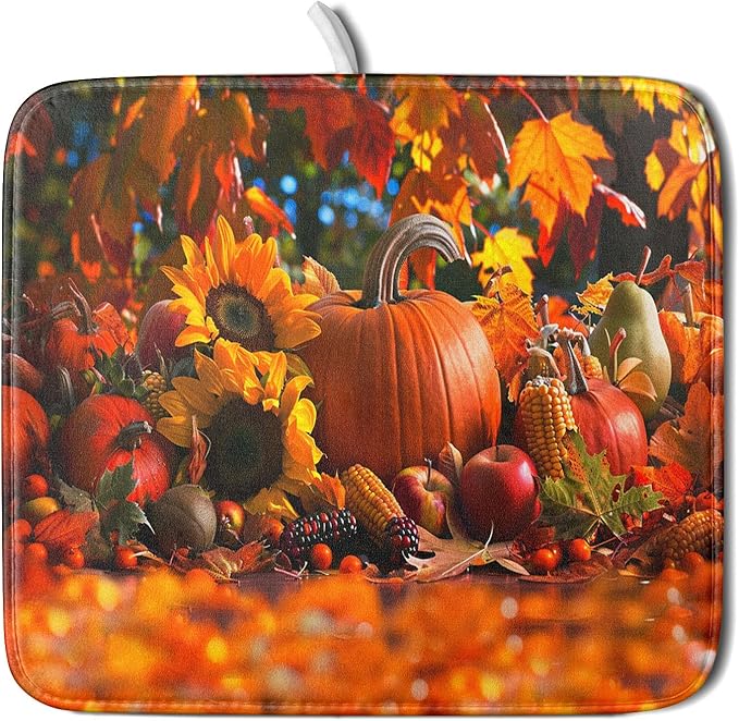 Fall Harvest Pumpkin Dish Drying Mat for Kitchen Counter,Thanksgiving Maple Leaves Sunflower Drying Mat 16 x 18 Inch with Absorbent Reversible Microfiber Dish Drying Pad for Coffee Bar