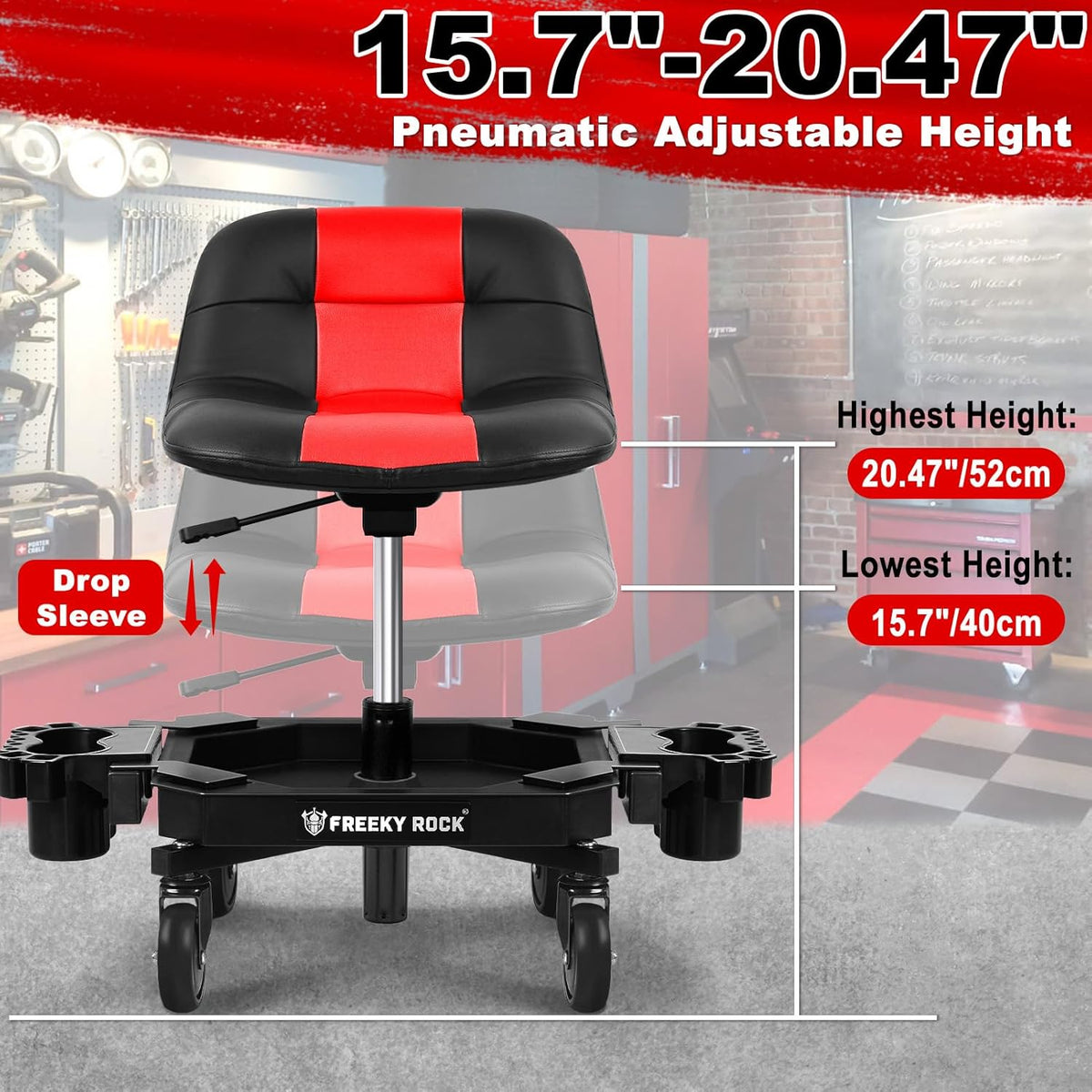 Rolling Stool with Wheels, Adjustable Height Pneumatic Garage Work Mechanic Stool Seat with Backrest, 400 LBS Capacity 360° Swivel Mechanic Crepper Chair with Tool Tray Storage, Red