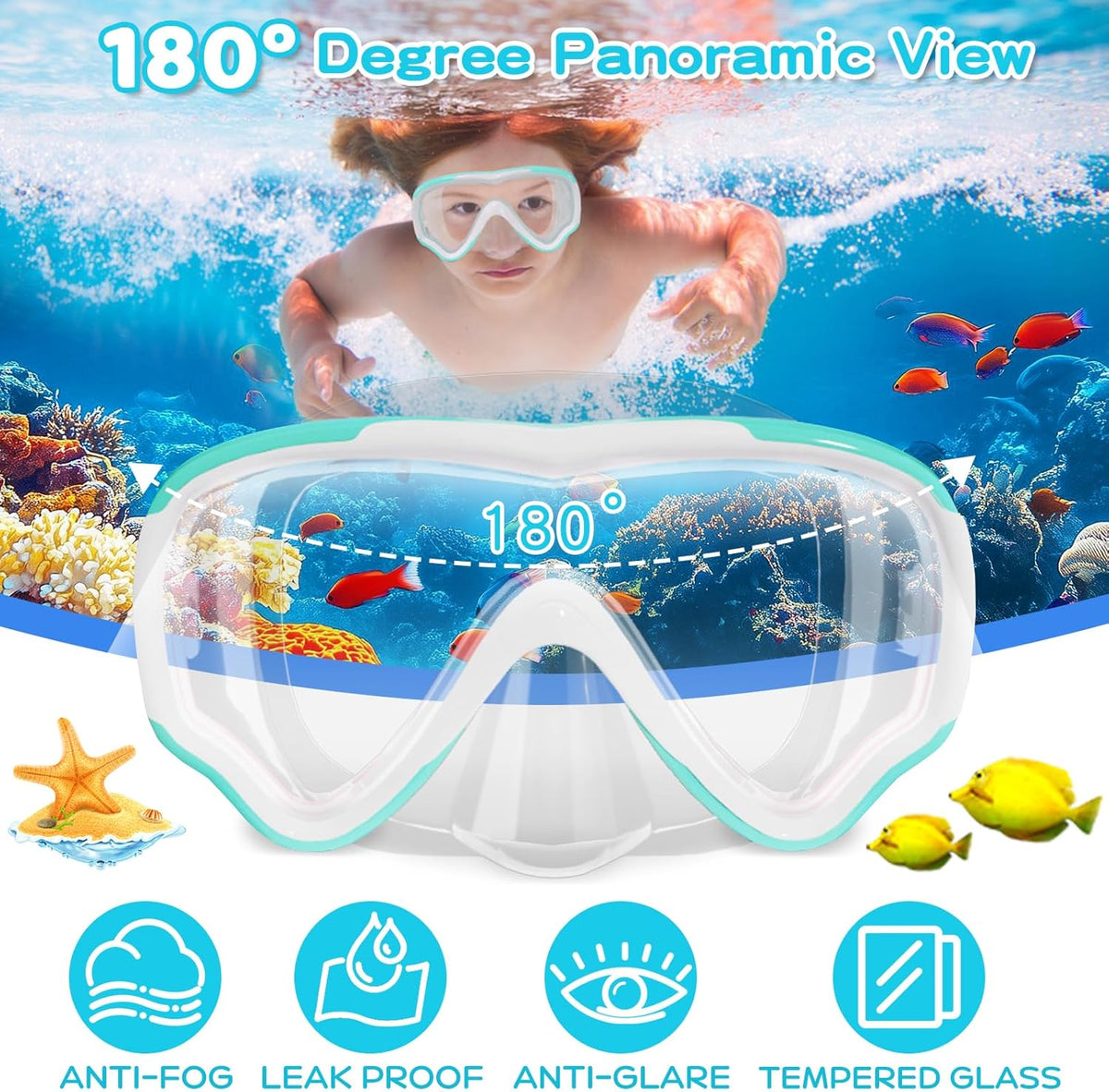 Kids Swim Goggles with Nose Cover, Snorkel Diving Mask Anti-Fog Anti-UV, Snorkeling Gear Swimming Goggles for Kids 3-14 2PCS