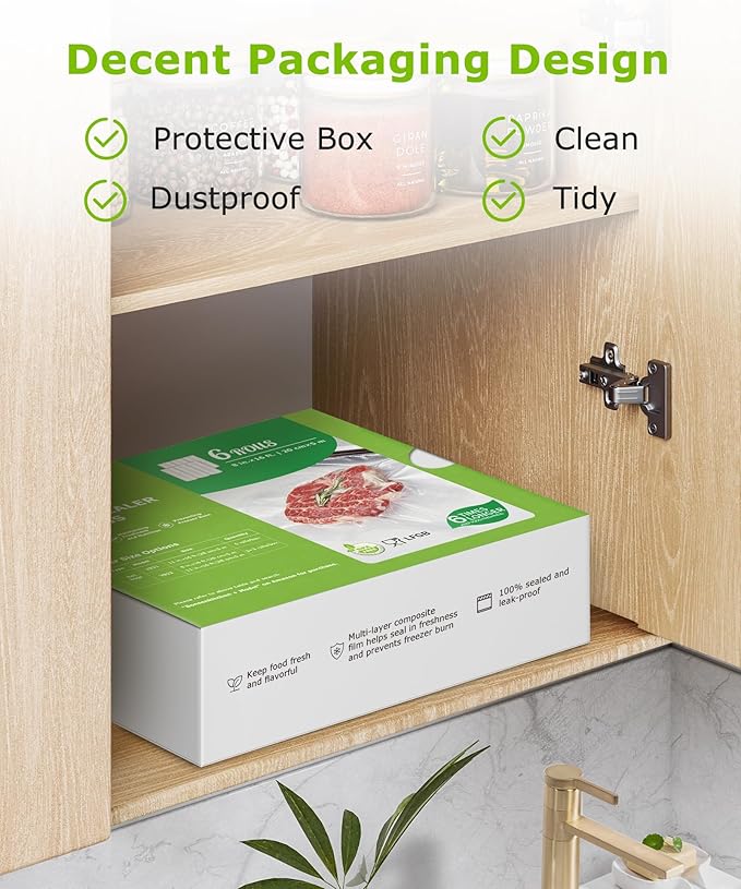 [2025 Upgraded] Bonsenkitchen 6 Rolls 8" x 16' Vacuum Sealer Bags for Food with a Color Box, Easy to Store, Commercial Grade, BPA Free, Great for Food Storage or Sous Vide, VB20