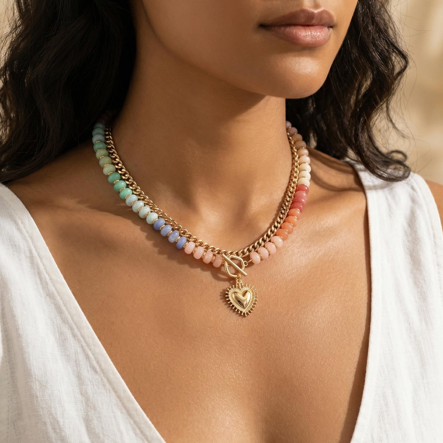 Frigotine Chunky Heart Necklace for Women, Pastel Blue Pink White Resin Beaded Choker with Gold Puffy Heart Pendant, Double Layer Chain Layered Statement Jewelry Gift