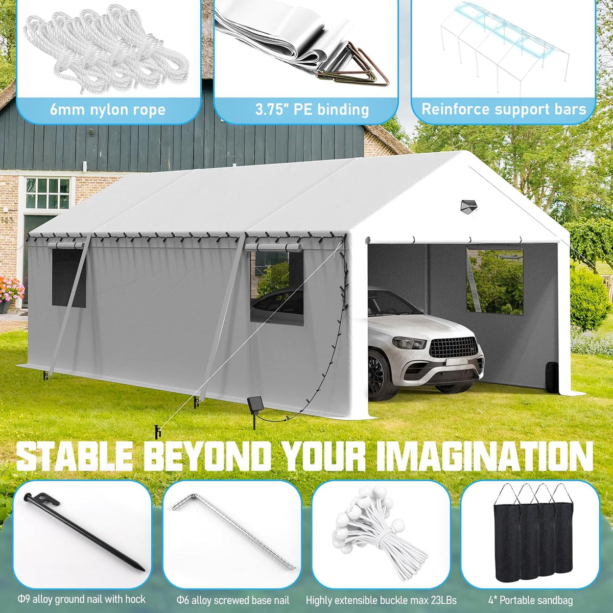 13x25 Carport, Heavy Duty Carport Canopy Garage with Removable Sidewalls and Drive Through Roll Up Zipper Doors, White