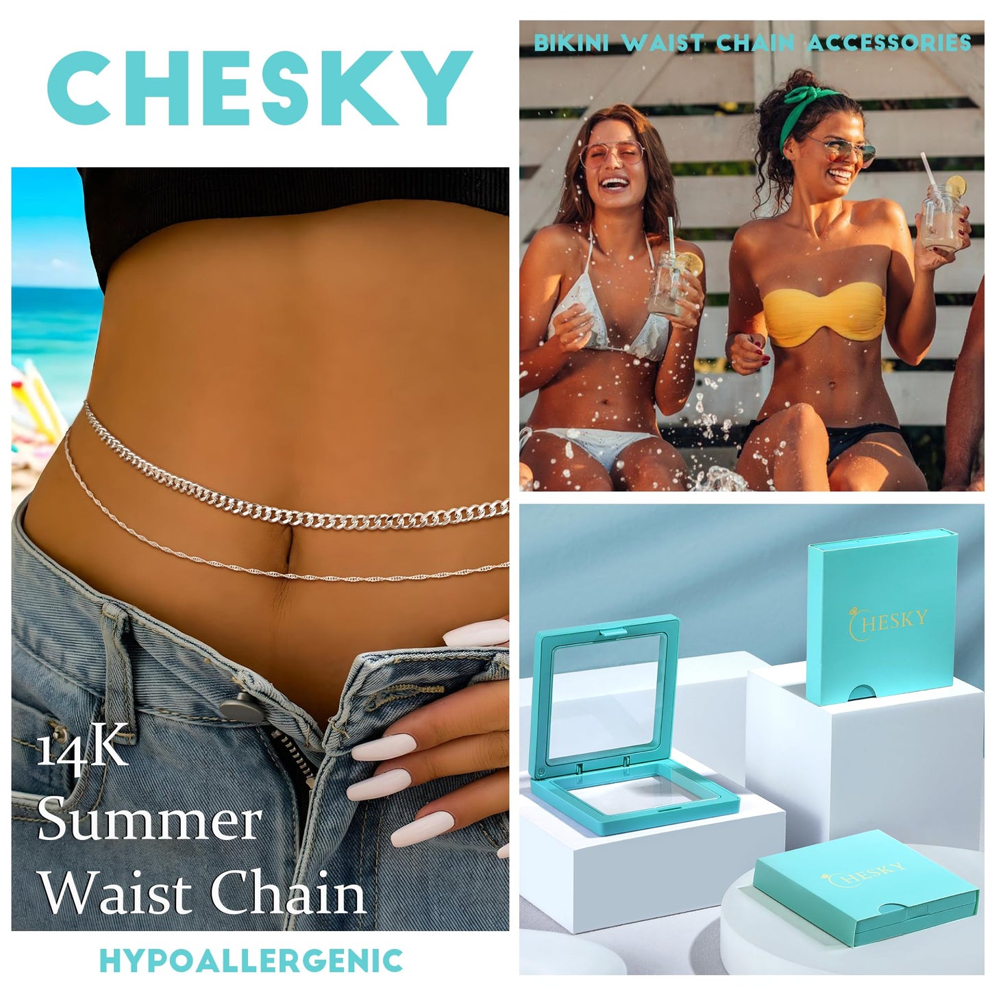 CHESKY Waist Chain for Women, Silver Plated Layered Belly Belt Chains Beach Waist Chain Waterproof Cuban Body Chain Summer Jewelry Accessories for Women