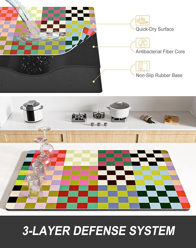 Rnivvi Dish Drying Mat for Kitchen Counter, 12 x 19" Cute Checkered Absorbent Draining Pad, Non-Slip Heat Resistant Coffee Bar Mats for Coffee Machine Station Accessories, Colorful Dish Rack Pad