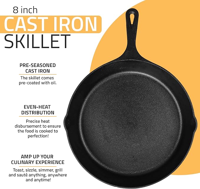 Utopia Kitchen Cast Iron Frying Pan 8 Inch, Cast Iron Chefs Pan, Pre Seasoned Skillet, Safe Grill Cookware for Indoor & Outdoor Use, Black