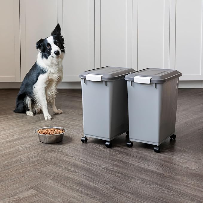 IRIS USA Dog Food Storage Container with Wheels, Airtight Lid, 2-Cup Scoop, Up to 30 Pounds Pet Food Storage, Built in Scoop Storage in Lid, Pet Food Bin, Portable, BPA Free, 2 Pack, Gray/Dark Gray