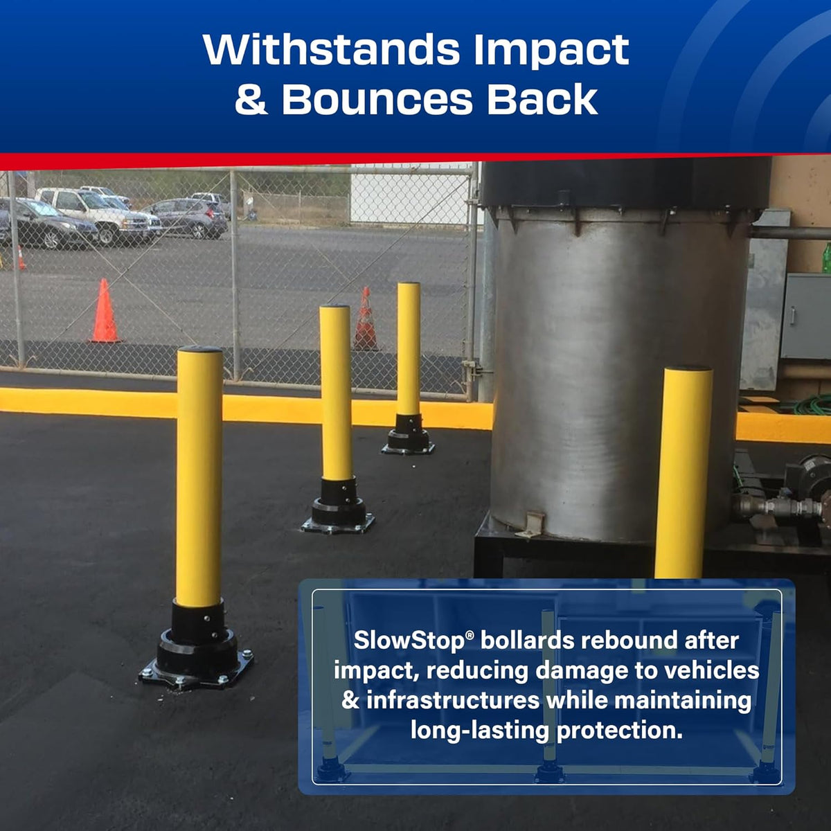 Impact Recovery - SlowStop Steel Rebounding Bollard - Metal Post - Safety Bollard - Made in the USA - 6" x 42"