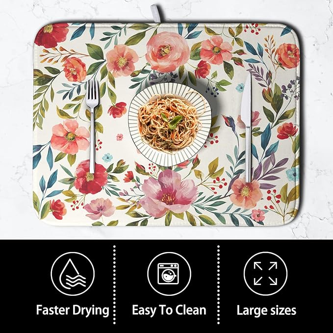 Floral Dish Drying Mat for Kitchen Counter Absorbent Microfiber Dishes Drying Pad Cute Flowers Dish Drainer Rack Mats Washable Coffee Sink Mat 16x18 Inch