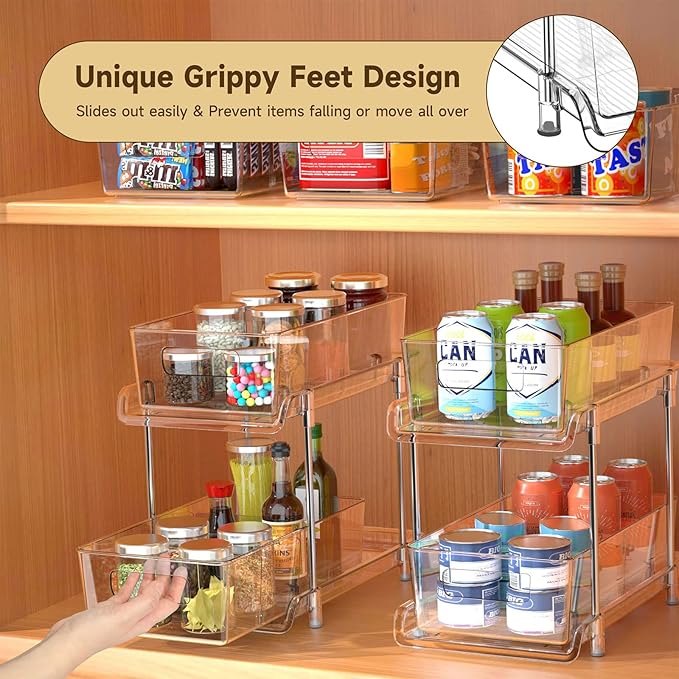 HIHEGD 2-Tier Bathroom Organizer with Dividers, Clear Under Sink and Pull-Out Cabinet Organizer for Kitchen and Pantry Storage