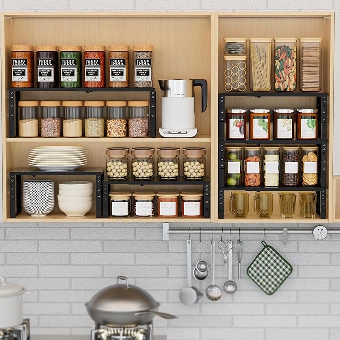 Expandable Spice Rack Kitchen Cabinet Shelf Organizer, Stackable Storage Shelves Racks, Adjustable Counter Shelving for Cabinets, Countertop, Cupboard,Pantry and More(3Packs/Black/Large)