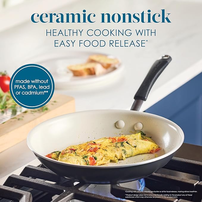 Rachael Ray Cucina Ceramic Cookware Set - 13 Pieces - Ceramic Pots and Pans Set w/Nonstick Frying Pans, Saute Pan, Saucepans, Stockpot, Lids, Pan Protectors & Cooking Utensils - Peppercorn