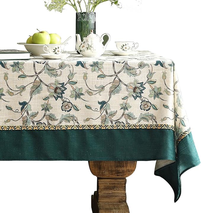 patdrea Designer Green Linen Rectangle Tablecloth,Vintage Floral Pattern Breathable Table Cloth,Home Table Cover Decor for Kitchen Dining,Christmas,Thanksgiving,Holiday,Tea Party,55"x87"-Noah