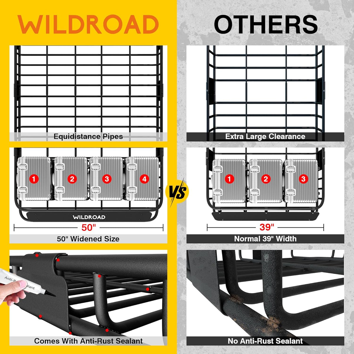 Wildroad Roof Rack Cargo Basket, Upgraded 4” Fence Wide Car Roof Basket Combo, 84"x 50"x 4" Universal Roof Cargo Carrier Basket with Cargo Bag, Cargo Net and Ratchet Straps Fits for SUV Truck Cars