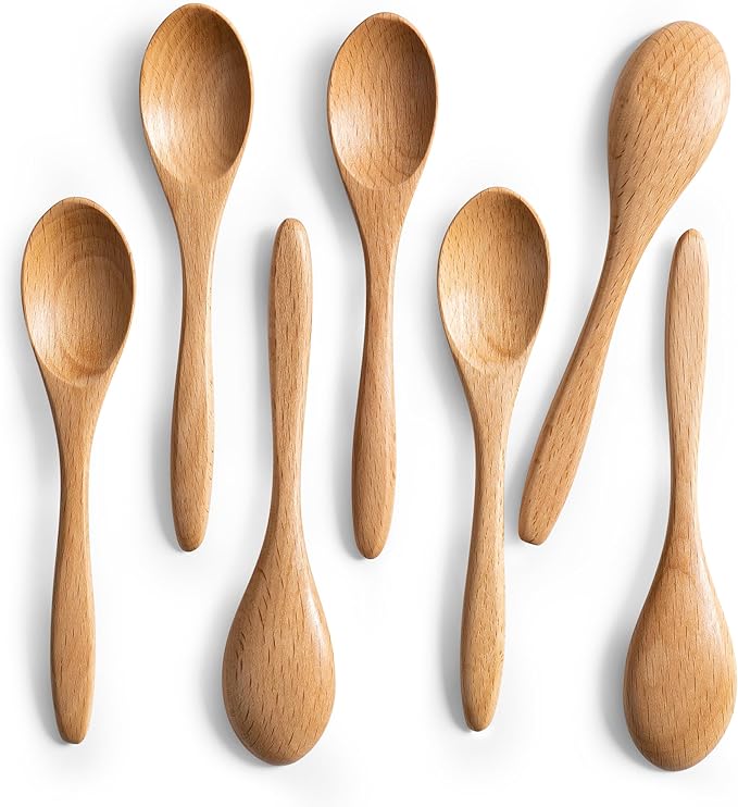 7 PCS Small Wooden Spoons, 5.8 Inch Honey Spoons for Tea, Beech Wooden Honey Teaspoon for Coffee, Little Tiny Wood Spoons, Bamboo Table Spoon for stirring, Wooden Spoons for Utensils Set