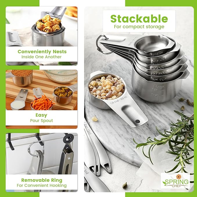 Spring Chef Stainless Steel Measuring Cups Set of 7 with Pour Spout - Nesting Kitchen Tools with Easy Read Markings to Measure Dry or Liquid Ingredients - Metal Measuring Cups for Baking & Cooking