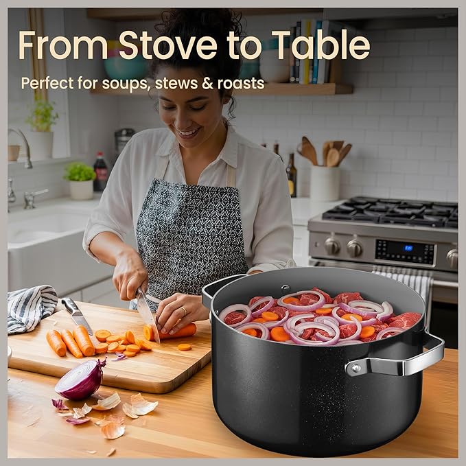 Bakken 3 Quart Ceramic Coated Stock Pot with Lid, Easy to Clean Nonstick Pot, Tempered Glass Lid, Riveted Stainless Steel Handles, Oven Safe Up To 500°F, PTFE & PFAS Free, All Stove Compatible, Black