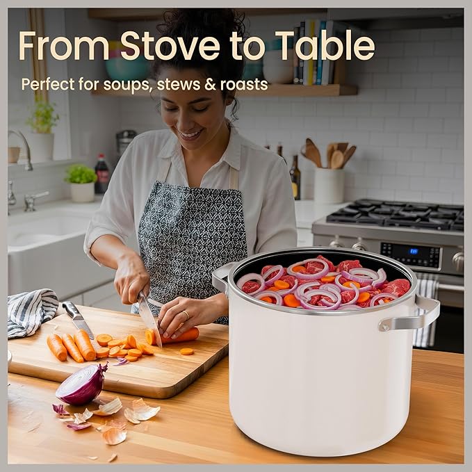 Bakken 12.5 Quart Ceramic Coated Stock Pot with Lid, Easy Clean Nonstick Pot, Tempered Glass Lid, Riveted Stainless Steel Handles, Oven Safe Up To 500°F, PTFE & PFAS Free, All Stove Compatible, Cream