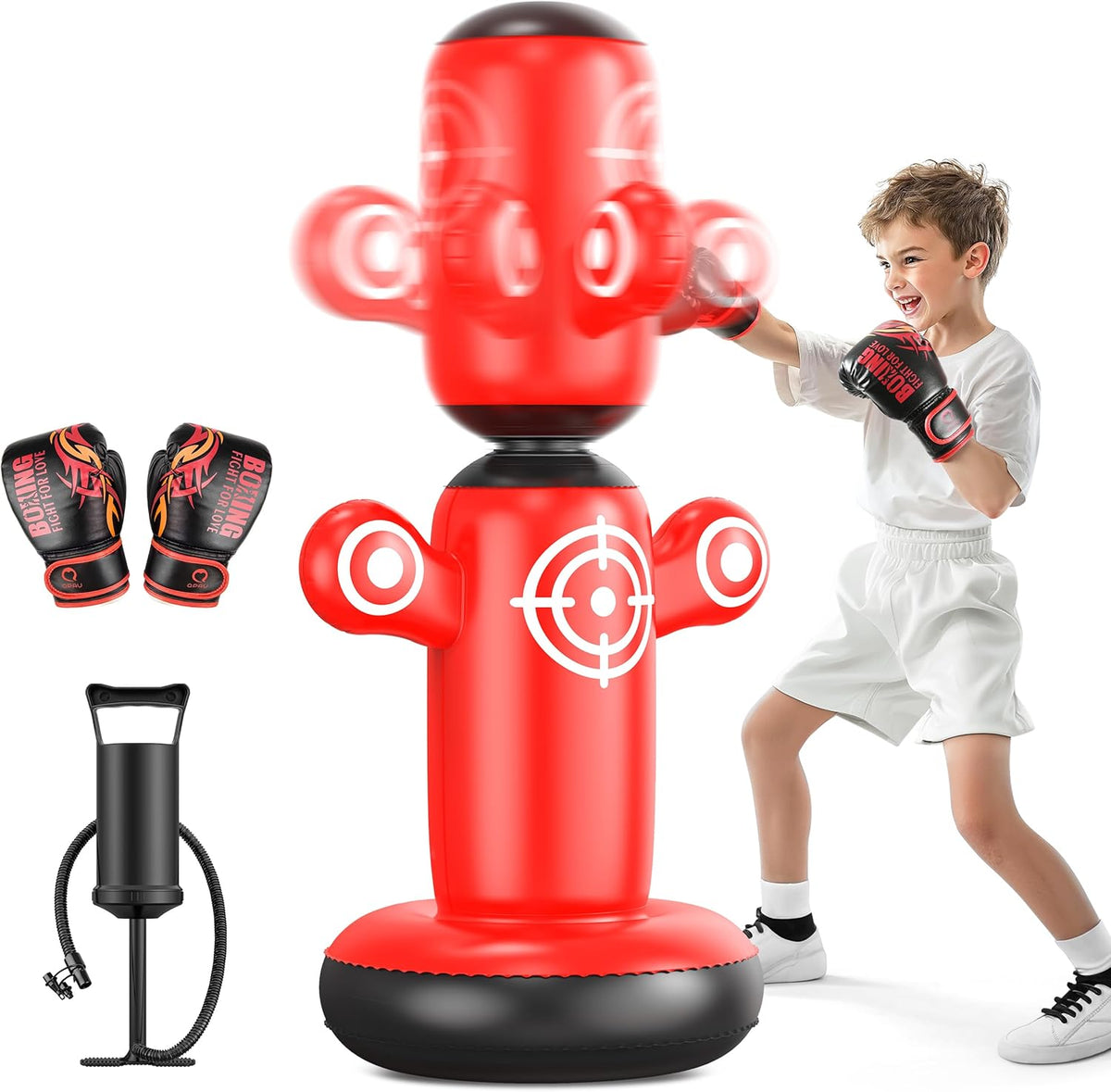 QPAU 360° Rotatable Punching Bag for Kids, Lager 64” Kids Punching Bag with Gloves, Hand Pump & 6 Targets, Bop Bag Inflatable Punching Toy, Karate Gifts for Boys, Girls