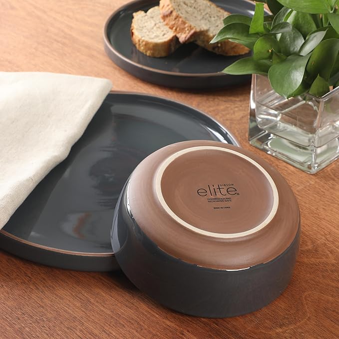 Gibson Elite Northrock Stoneware Dinnerware Set, 16-Piece Service for 4 Plates and Bowls Set – Charcoal Blue Dishes with Hand-Painted Terracotta Base