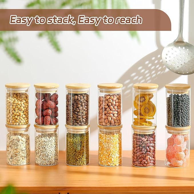 12 Packs Bamboo Qtip Holders, 10 oz Glass Round Storage Containers with Lids for Cotton Pads Swabs Balls, Jewelry/Makeup Organizer and Spice Container