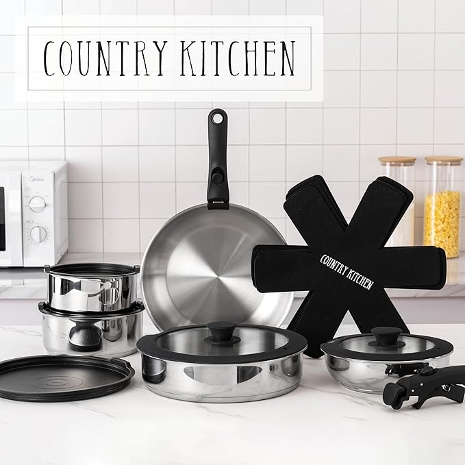 Country Kitchen Cookware Set with Removable Handle, Oven & RV Safe Pots and Pans Set, Stainless Steel, Original