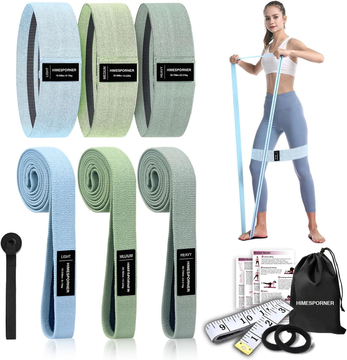 Wide Fabric Resistance Bands Set for Working Out, Non-Slip Exercise Booty Bands for Women & Men Leg and Glutes with Hair Ties and Tape Measure - for Home Gym Workout, Yoga, Pilates