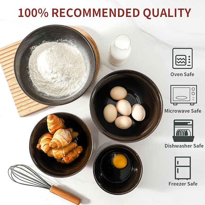 Hasense Mixing Bowls, 2.1/1.5/1.0/0.5 Qt, Nesting Bowls for Cooking, Baking, Ceramic Serving Dishes Set of 4 for Salad, Fruits, Popcorn, Thanksgiving Christmas Gift, Dishwasher & Microwave Safe, Red