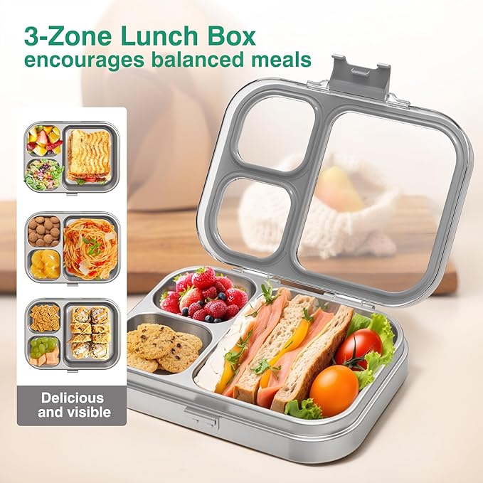 Stainless Steel Lunch Box, 3 Compartments Metal Bento Box for Kids Adults, Leak-Proof Lunch Box for School Office, Dishwasher Safe, BPA-Free, Tritan Lid, Grey