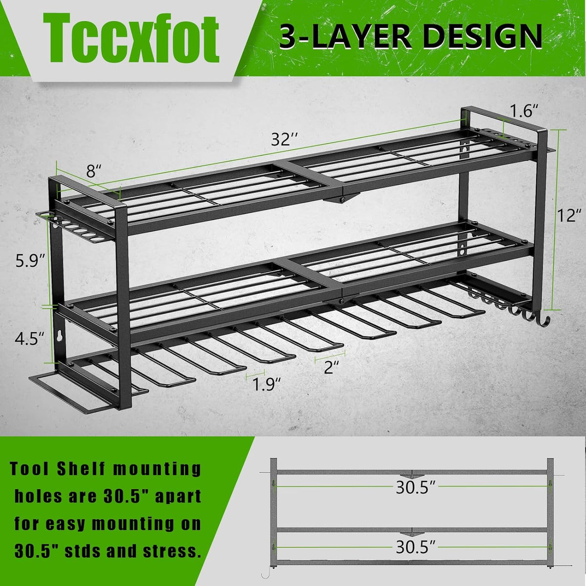 Power Tool Organizer - 3 Layer 8 Drill Holder Wall Mount, Storage Rack for Garage Organization, Large Tool Shelf, Gifts for Him Men Dad Husband Anniversary Fathers Day, Cool Gadget Stocking Stuffer