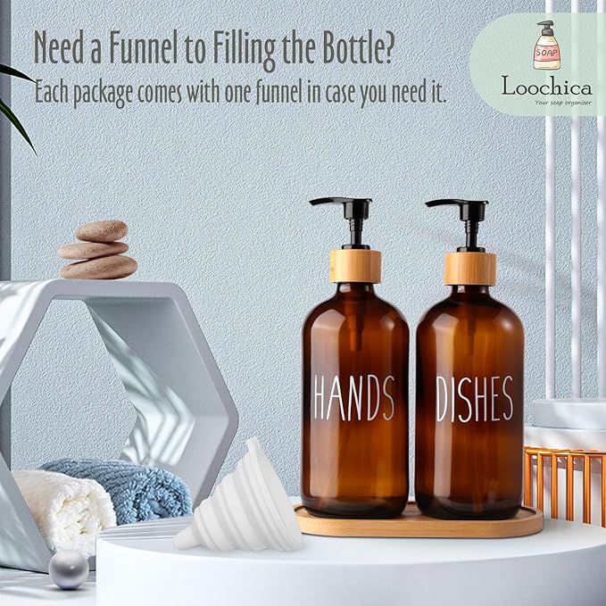 LOOCHICA Amber Glass Soap Dispenser Set with Tray, Amber Dish and Hand Soap Dispenser Set, Refillable Reusable Apothecary Soap Pump Dispenser Bottles for Bathroom and Kitchen