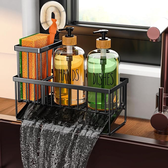 Cisily Kitchen Dish Soap Dispenser Set with Black Sponge Holder and 2 Pack 16.9oz Clear Glass, Dish Soap Dispensers for Kitchen Sink, Vintage Hand and Dish Soap Dispensers Set