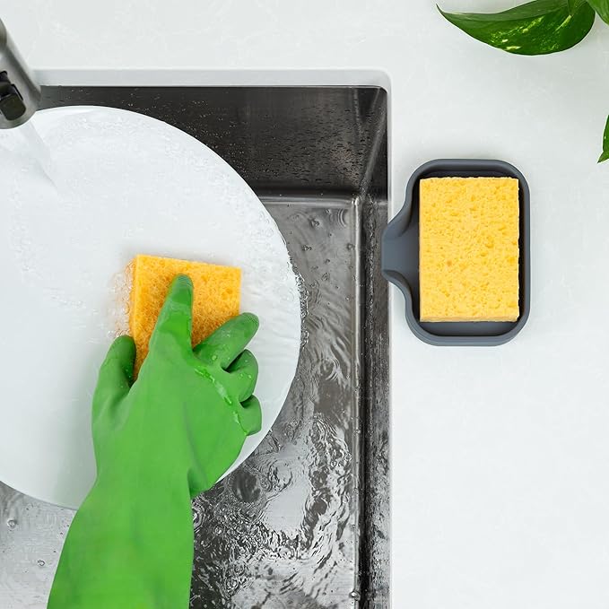 Zulay Kitchen Small Silicone Sponge Holder (4.9x3.3”) – Space-Saving Sink Organizer Tray for Sponge, Soap, Brush & More – Compact Non-Slip Dish for Kitchen & Bathroom (Grey)