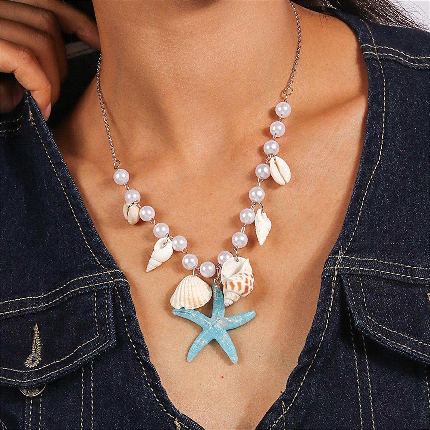 Seashell Necklace Boho Starfish Necklace Vintage Pearl Conch Choker Summer Holiday Beach Accessories Jewelry for Women (Blue)