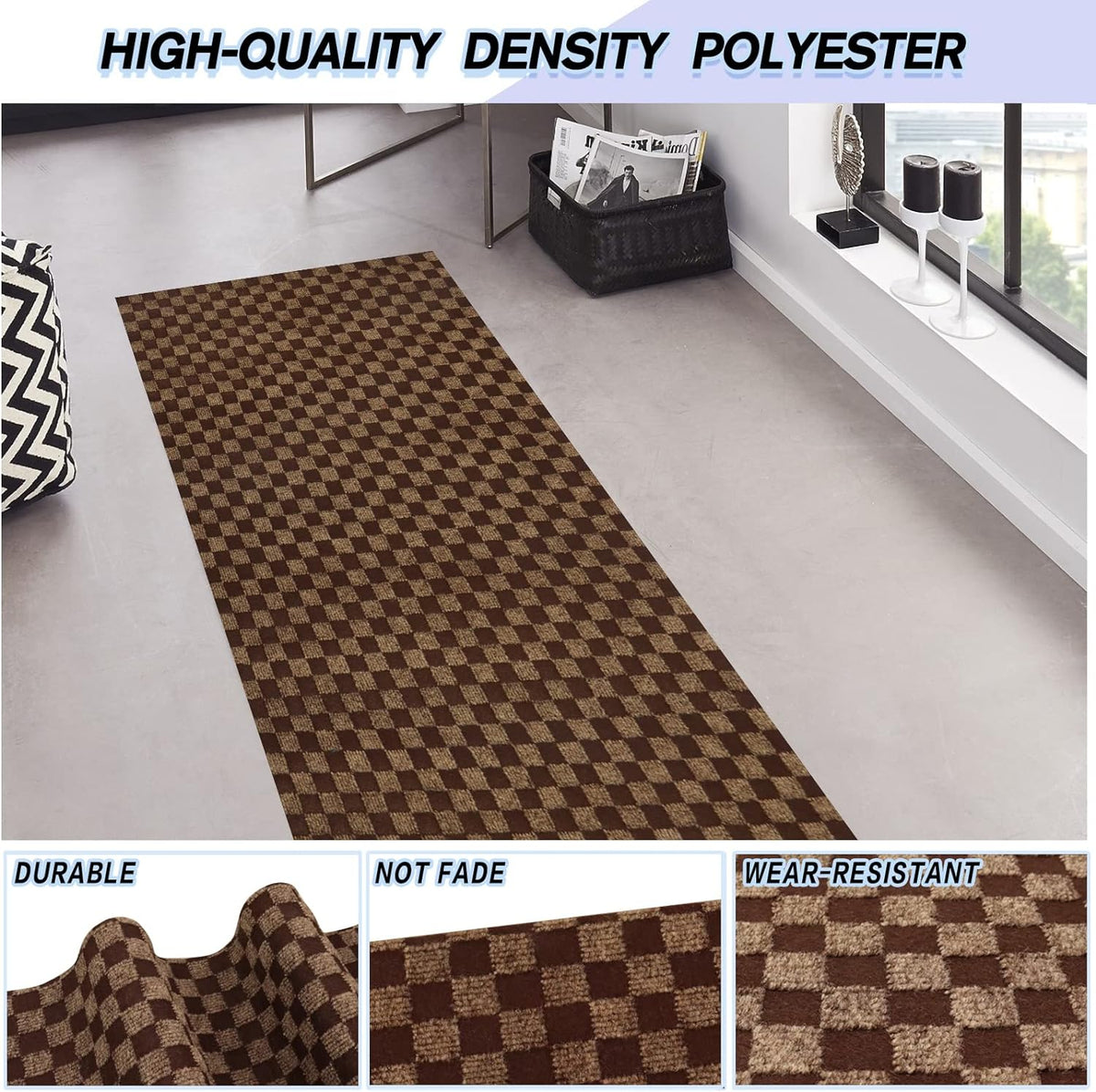 Custom Size Backed Non-Slip Area Rugs Runner, Easy Clean, Waterproof Runner Rugs for Hallway Entryway, Kitchen, Laundry, 2FT x 75FT, Brown Checkered