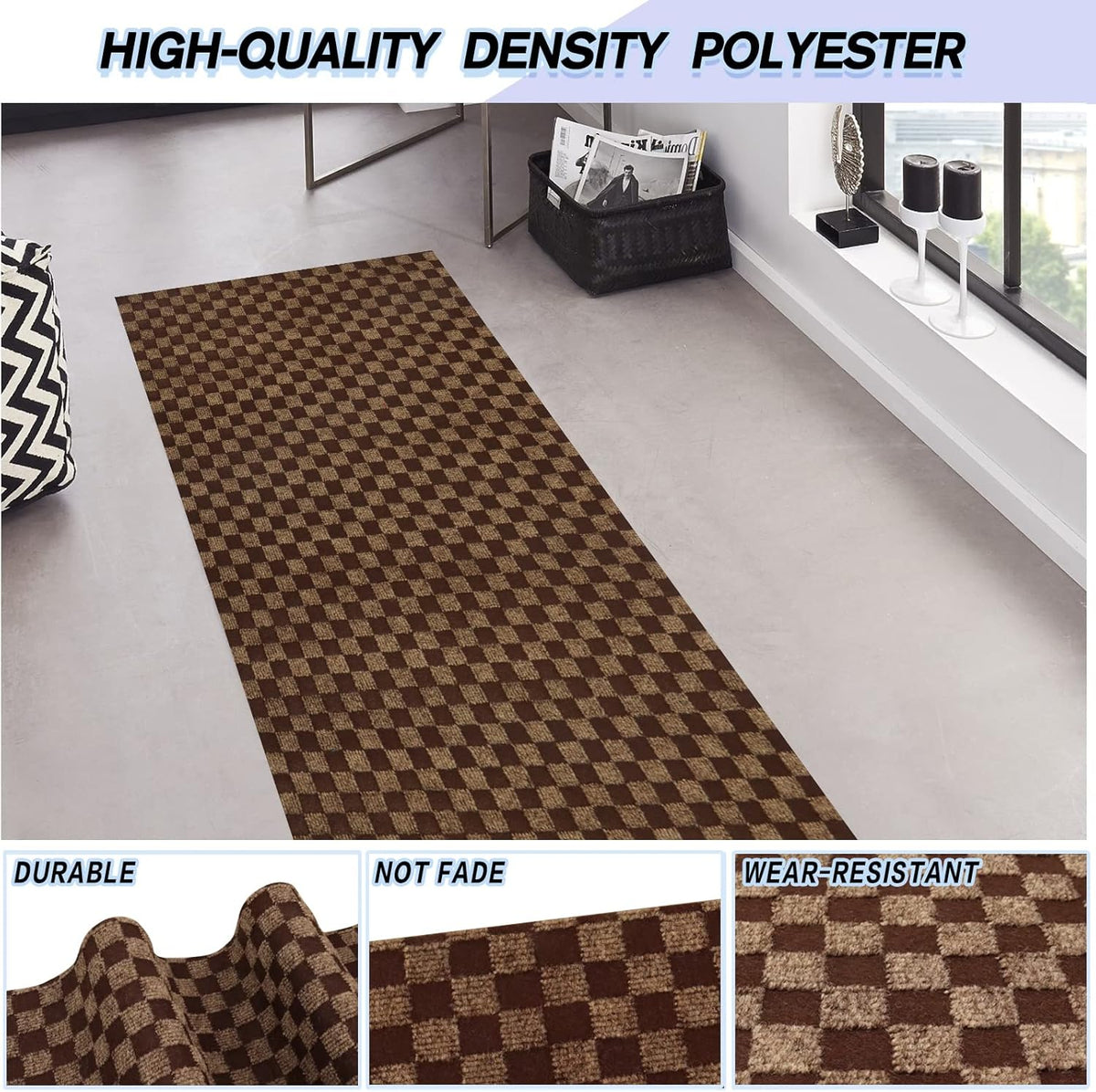 Custom Size Backed Non-Slip Area Rugs Runner, Easy Clean, Waterproof Runner Rugs for Hallway Entryway, Kitchen, Laundry, 4FT x 27FT, Brown Checkered